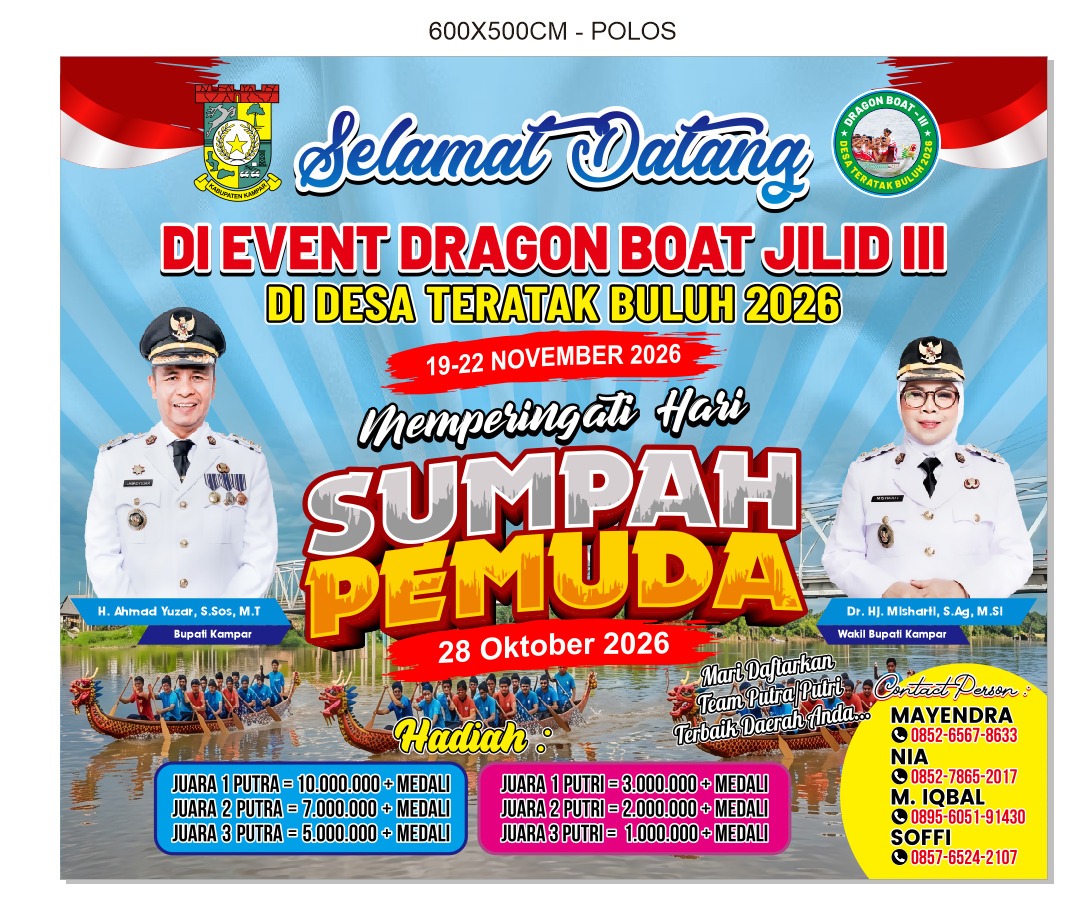 Momentum Sumpah Pemuda, Bupati dan Wabup Kampar Buka Event Dragon Boat di Desa Teratak Buluh 
